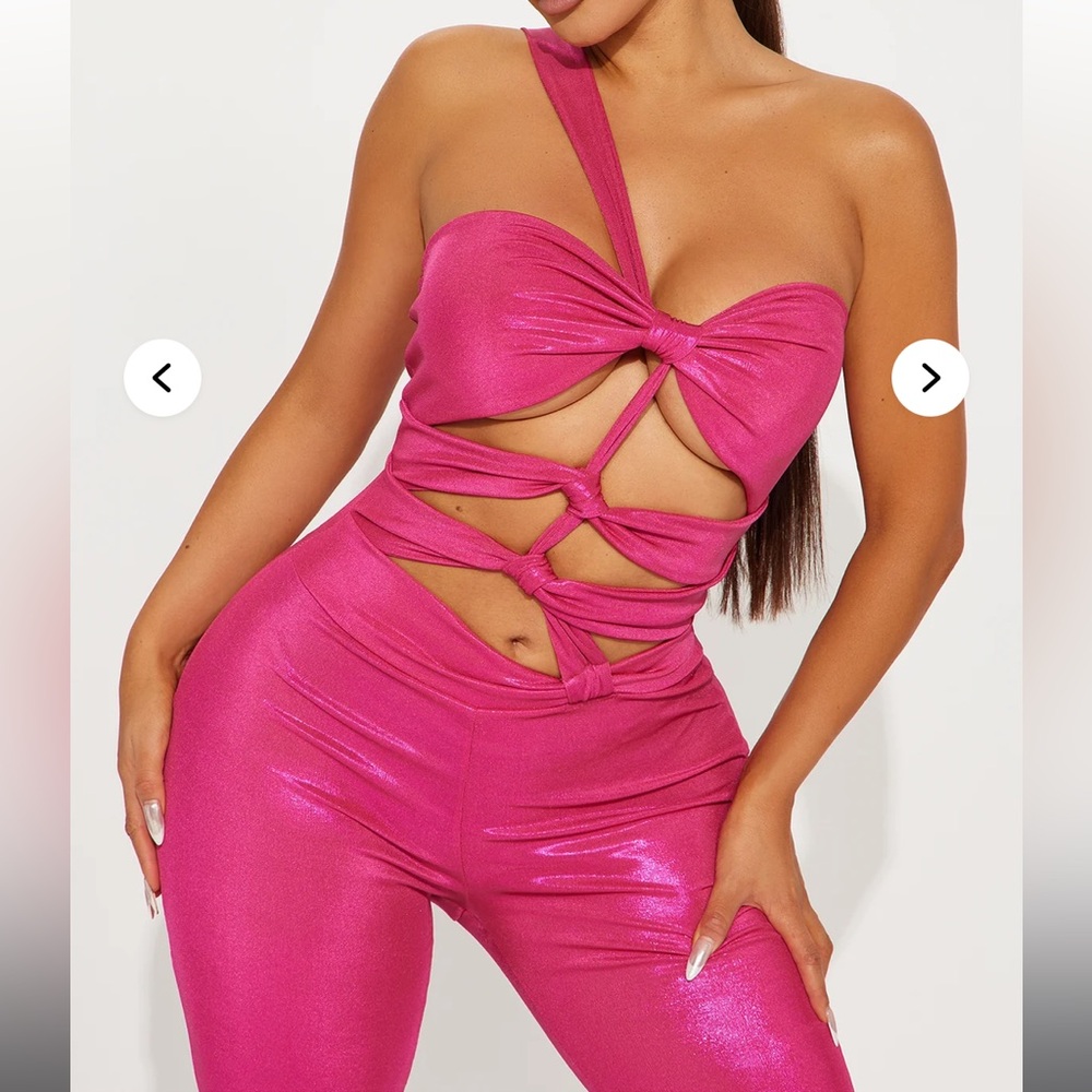 Fashion Nova Pink Metallic Cutout Jumpsuit - Picture 2 of 3